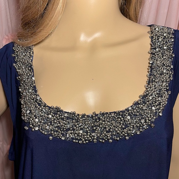 R & M Richards Mother of Bride Navy Blue Short Dress with Silver Beaded Neckline - Picture 3 of 9